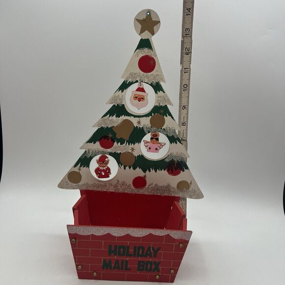 Vtg Wood Christmas Tree Card Holder Holiday Mail Box Kitsch Japan 14" Elf Santa - Picture 9 of 9